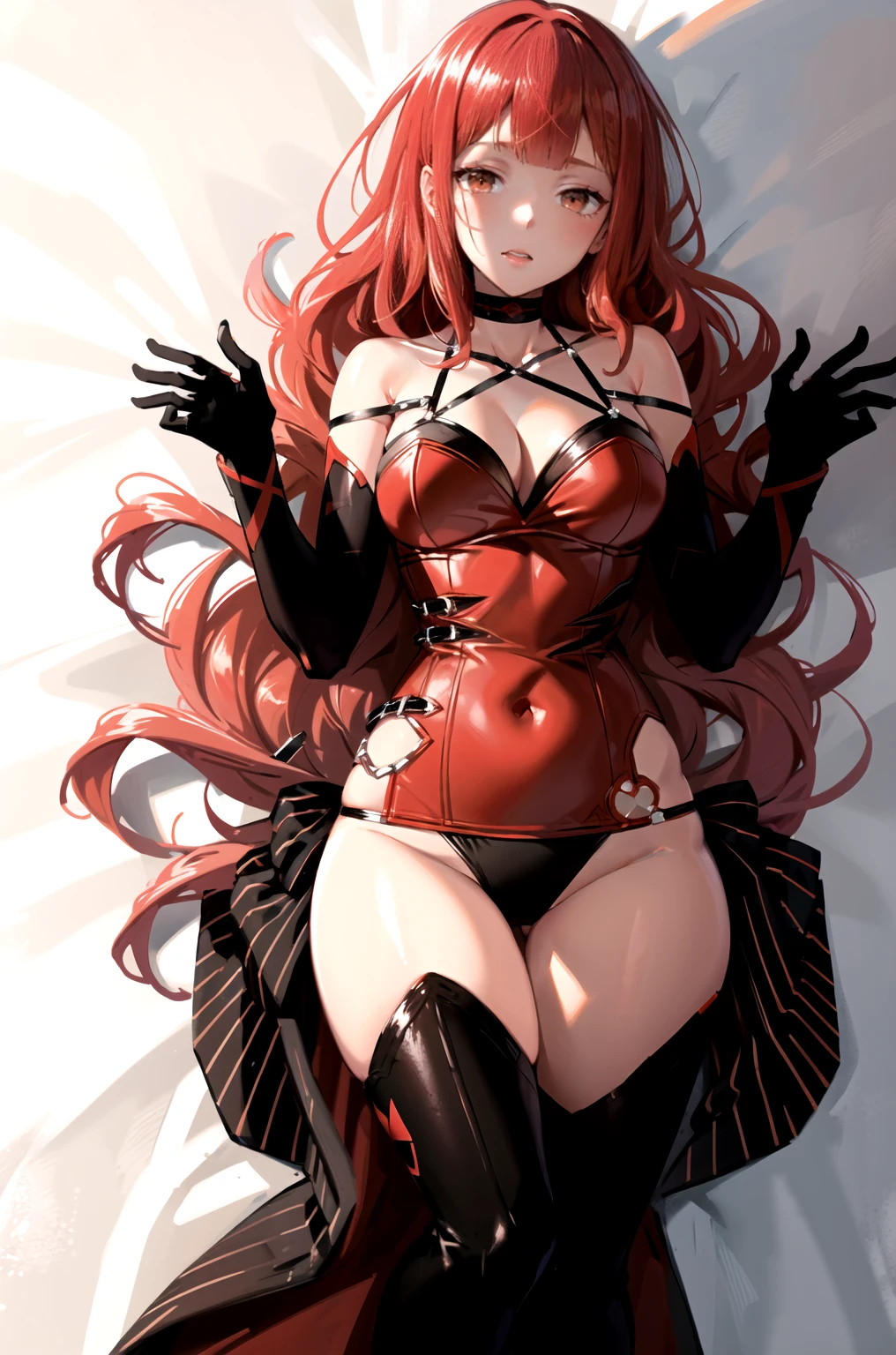 a nude cartoon depiction of a sexy, red haired woman in a maids outfit, 1girl, breasts, solo, green eyes, long hair, looking at viewer, maid headdress, red hair, short sleeves, dress, frills, blush, white background, bow, black dress, simple background, puffy short sleeves, breasts apart, black bow, covered navel, puffy sleeves