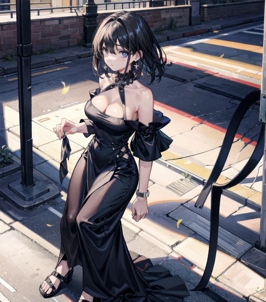 full body, photorealistic, solo, alone, delicate facial features, medium tits, medium hair, black hair, tearful mole, earring, dress, cleavage, street,