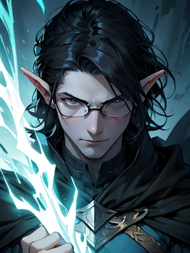 Fantasy story style, A pale elven man with a thin face, slanted gray eyes, His hair is black and reaches down to his shoulders, His clothes are just a black blanket, it has a dark beauty to it.. Black Hair、With glasses