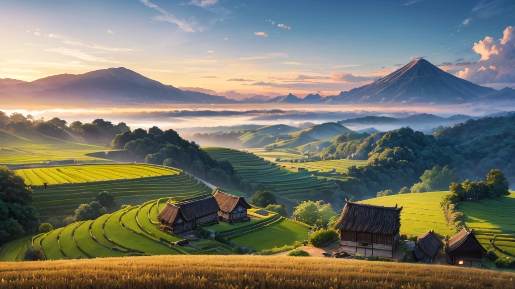 A peaceful countryside scene with terraced fields. There are several people working in the fields, Some people grow rice and others lead water buffalo. A traditional thatched-roof hut can be seen on the left, raised on piles. Rear, There are verdant mountains partially shrouded in mist. Above the scene, A flock of birds is flying far into the horizon. The lighting suggests it could be early morning or late afternoon, creating a warm aura over the scene. This photo is interesting because it captures traditional farming methods in a peaceful and beautiful setting.