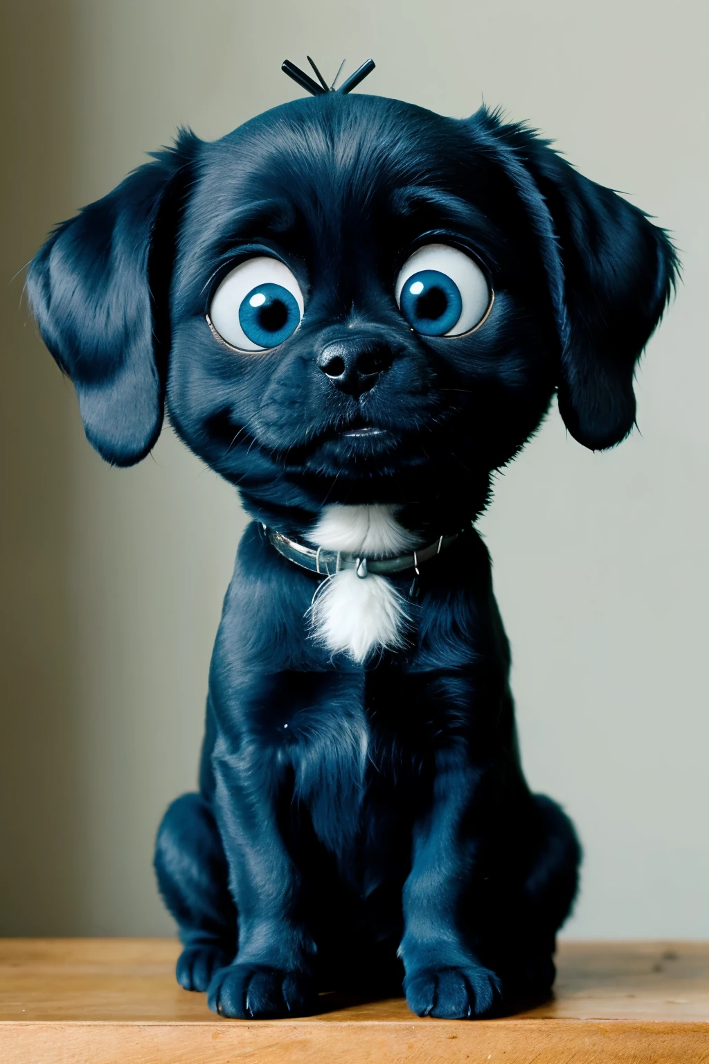 I need a dog that represents sadness, Best Quality, pixar type and very creative, that looks like sadness from the movie inside out color: blue, to represent sadness.
form: rounded, with a small and stubborn body.
eyes: Large and slightly sagging, with a melancholic expression.
boca: Small and curved downwards, showing a sad expression.
antennas: Two small antennae on top of head, also slightly sagging.
alas: Small and transparent.
Little legs: short and thin, giving a fragile appearance.