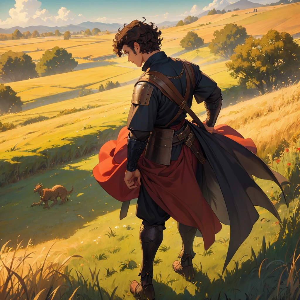 back view short curly brown hair man with medieval outfit walking in the wheatfield and dragon from the distance