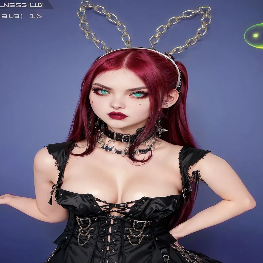 gothic woman in a corset with a punk collar around her neck,anime girl, goth girl, arms behind back, neo goth, lblsck hair, e, goth, bubble goth, true goth, lilith, sultry expression, plump lips, mint green piercing dazzling eyes high quality, portrait mode