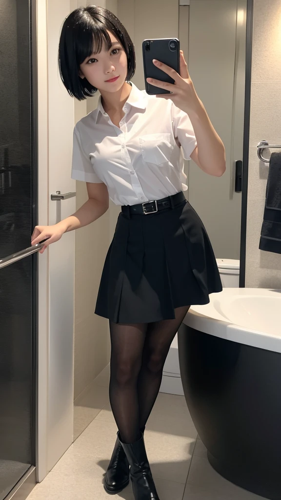 Selfie,from the front,Black Hair,short hair,shirt,skirt,Pantyhose,Black boots,Bathroom,Wet day,Ultra HD,masterpiece,super high quality,Ultra-high resolution,Highest quality,Advanced,Highest quality,Highest Resolution,high quality,beautiful,beautiful,High quality,Realな質感,Real,8K,Detailed,