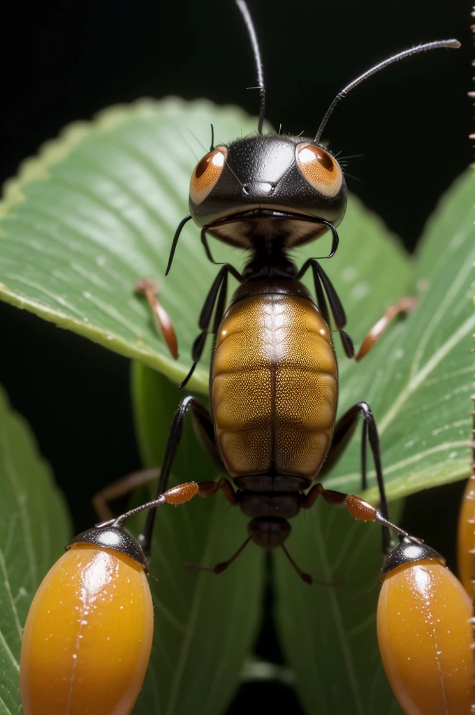 A Pixar animation style image of an ant. The ant should be anthropomorphic with large, expressive eyes, a cheerful smile, and a friendly demeanor. It should have a shiny, black body with detailed, segmented legs and antennae. The background should be vibrant and colorful, resembling a lush garden with flowers, leaves, and tiny mushrooms. The scene should be bright and whimsical, with the ant possibly interacting with other small insects or exploring its environment.