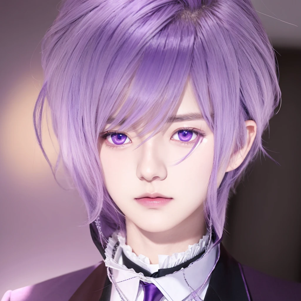 anime boy with purple hair and blue eyes in a suit, kanato sakamaki, diabolik lovers, anime guy with purple eyes, anime handsome man, realistic, ultra details