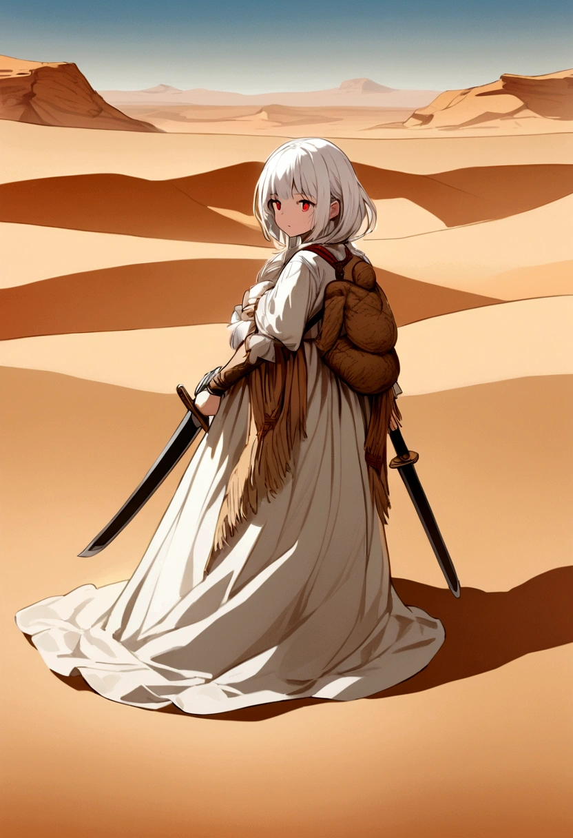 Young girl with long white hair and red eyes Carrying two swords on his back She stood on a corpse in the distance, against a desert background.