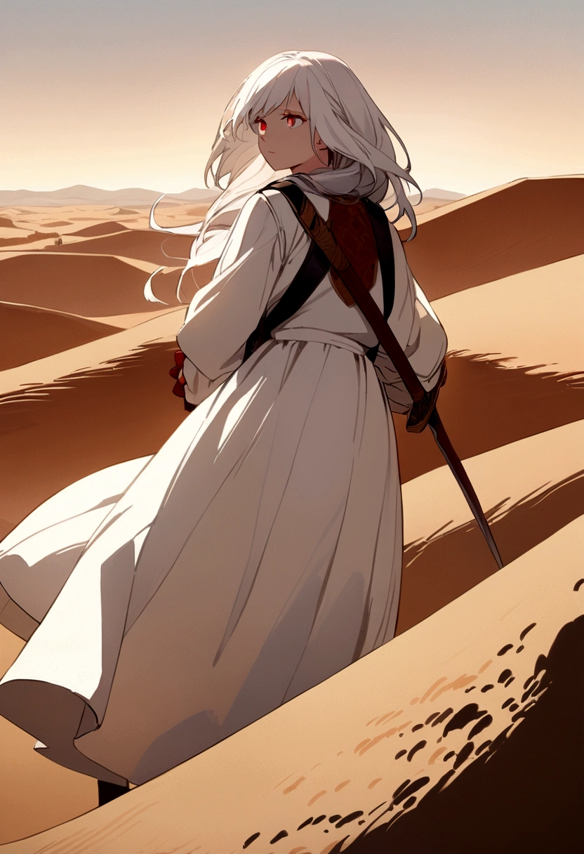 Young girl with long white hair and red eyes Carrying two swords on his back She stood on a corpse in the distance, against a desert background.