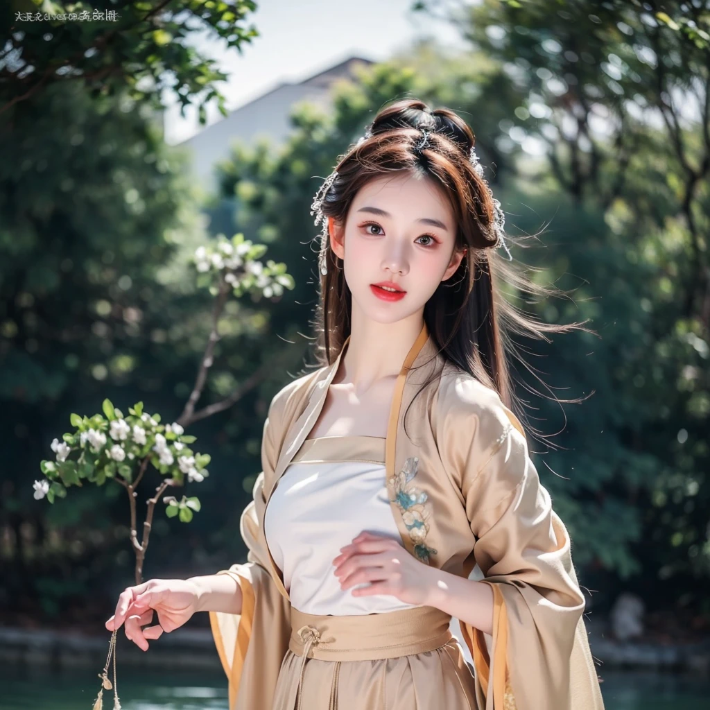 fullfbody of 1middle age girl 45 years, (8k, best quality, masterpiece), (realistic, photo-realistic:1.37), hanfu clothes, turnaround pose, her skirt flowing, wind flow, slow shutter speed, chinese river, ultra-detailed, photorealism