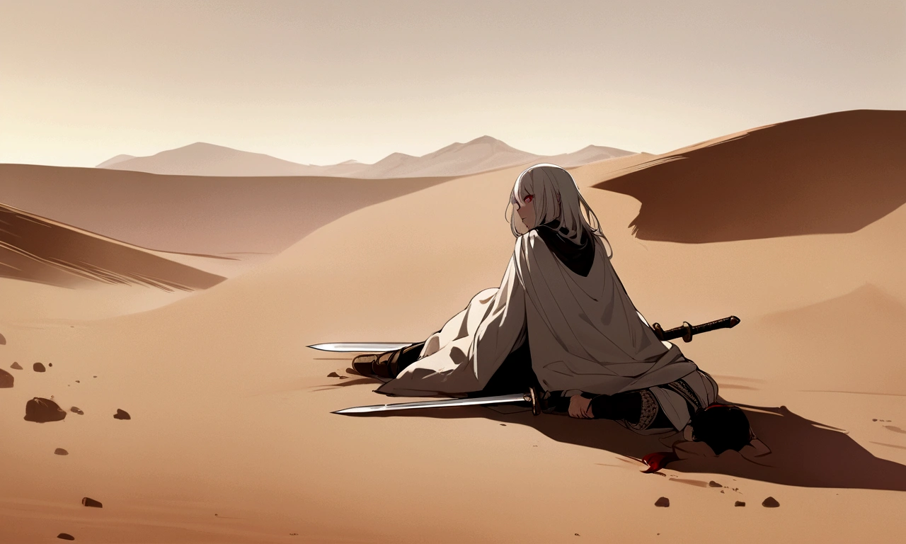 Young girl with long white hair and red eyes Carrying two swords on his back She stood on a corpse in the distance, against a desert background.