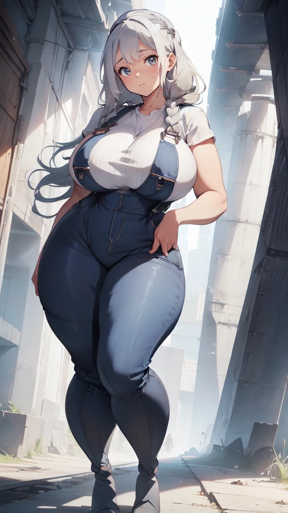 ((blank background)), masterpiece, best quality, silver hair, (curvy:1.7), (massive breast:1.5), ((full body framing)), (long legs:1.6), symmetry, farmer woman, (blue overalls), long boots, belt below navel, lumberjack shirt, (braided hair)