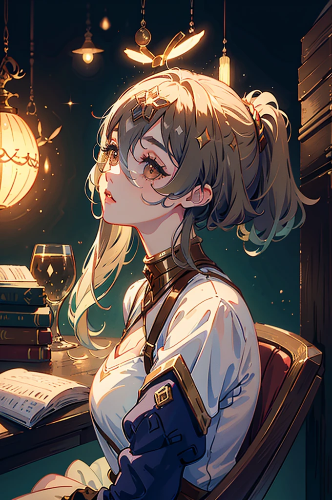 Beautiful girl with two colored beige ponytails, soft expression, vintage/library background/workplace, lighting, detailed, beautiful