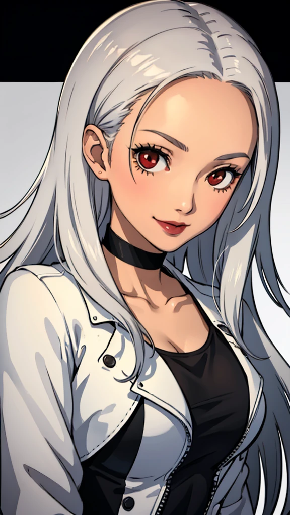 1 girl, milf, Red eyes, long hair, black choker, lipstick, smile, white hair, tank top, medium breast, portrait, face portrait, wheatskin, jacket, forehead