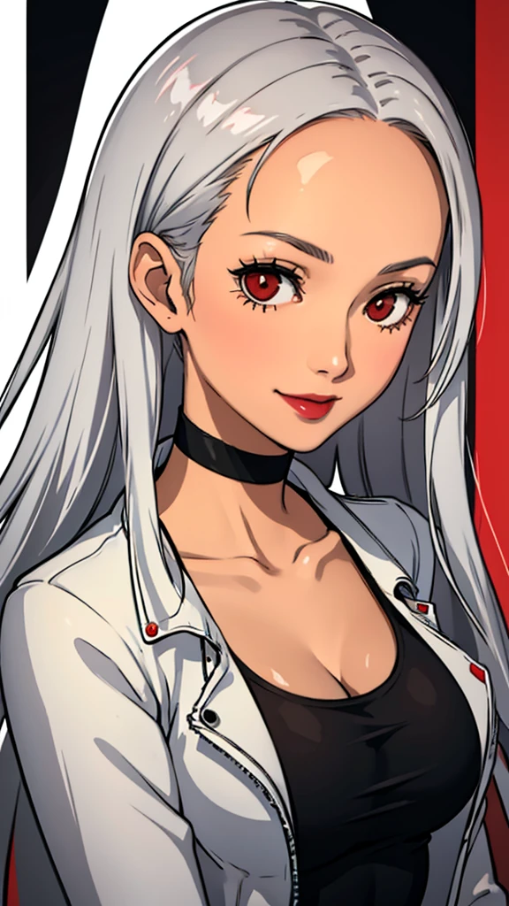 1 girl, milf, Red eyes, long hair, black choker, lipstick, smile, white hair, tank top, medium breast, portrait, face portrait, wheatskin, jacket, forehead