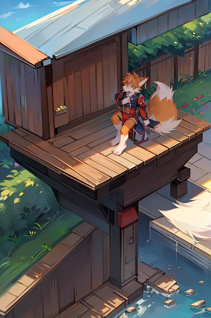 Outdoor panoramic view,Fox Boy,Men's Center,Furry shota,Bright Eyes,Height 1.6 meters,Summer Shirts,Summer shorts,smile,