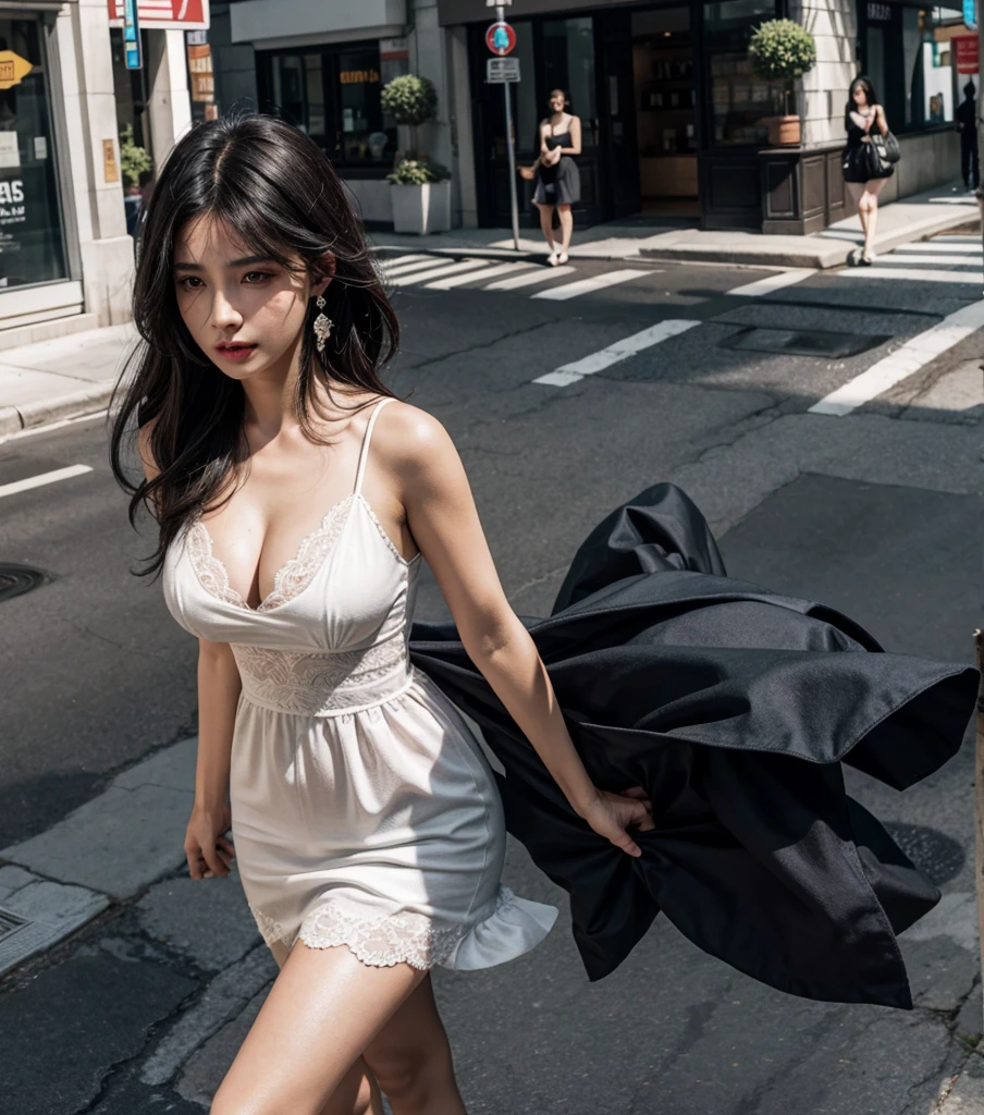 full body, photorealistic, solo, alone, delicate facial features, medium tits, medium hair, black hair, tearful mole, earring, dress, cleavage, street,