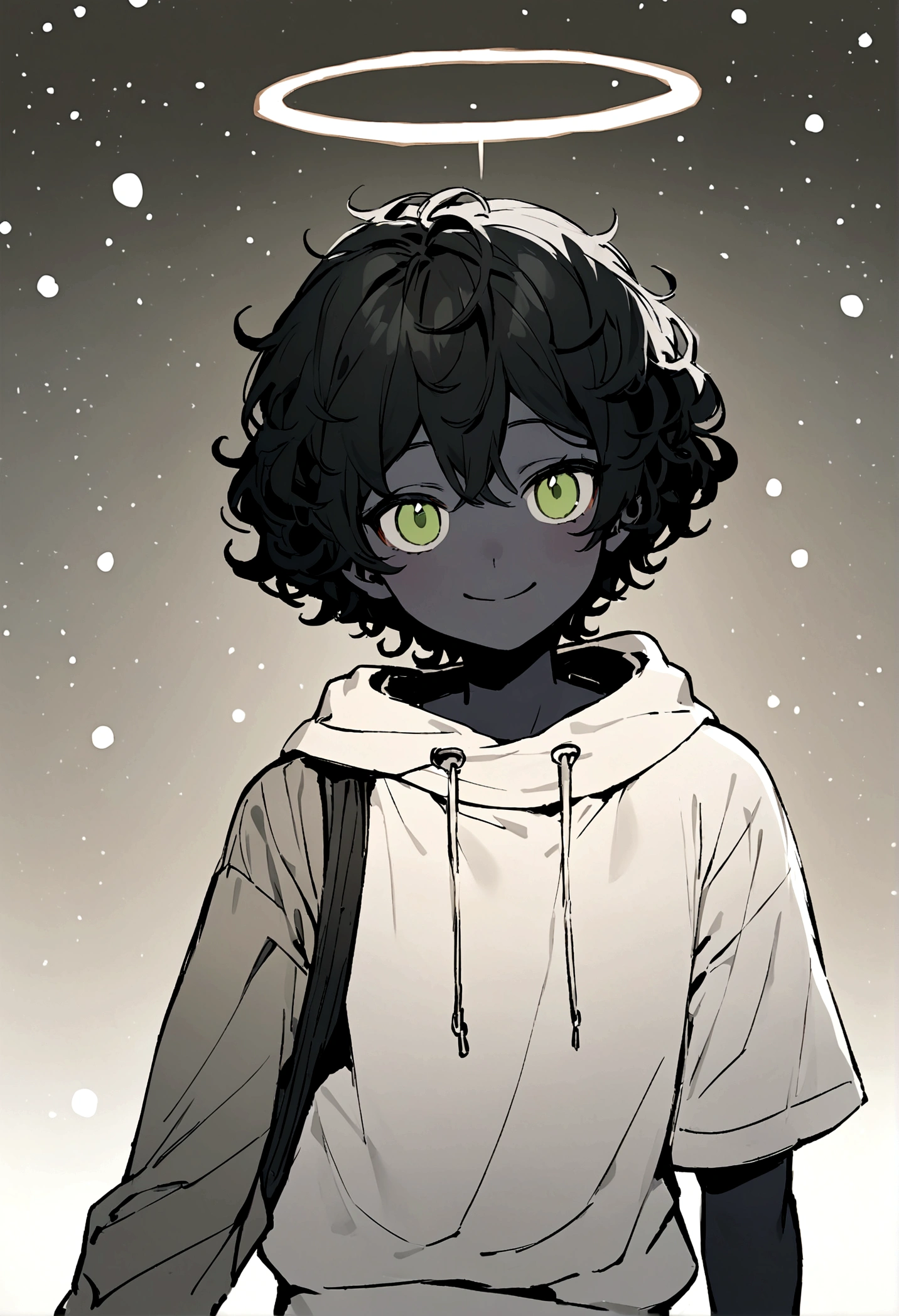 Draw a teenage boy with the following characteristics: he has black skin, short black curly hair, and green eyes. in the head, he has an angelic halo. He is wearing a normal sweatshirt outfit, consisting of black sweatpants and a gray short-sleeved shirt. Furthermore, on the right arm, he wears a white cuff. The boy has a slightly smiling expression. The background should be a snowy forest. Capture all of these details to ensure the final image is true to description.