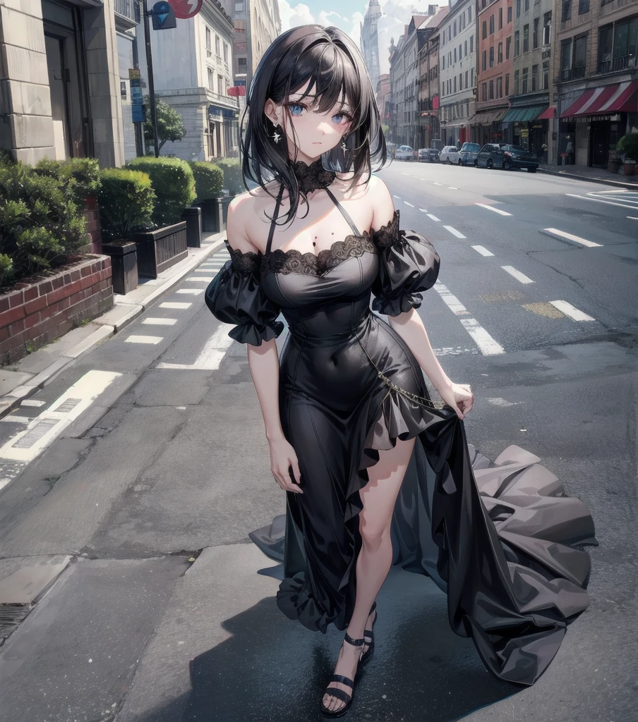 full body, photorealistic, solo, alone, delicate facial features, medium tits, medium hair, black hair, tearful mole, earring, dress, cleavage, street,