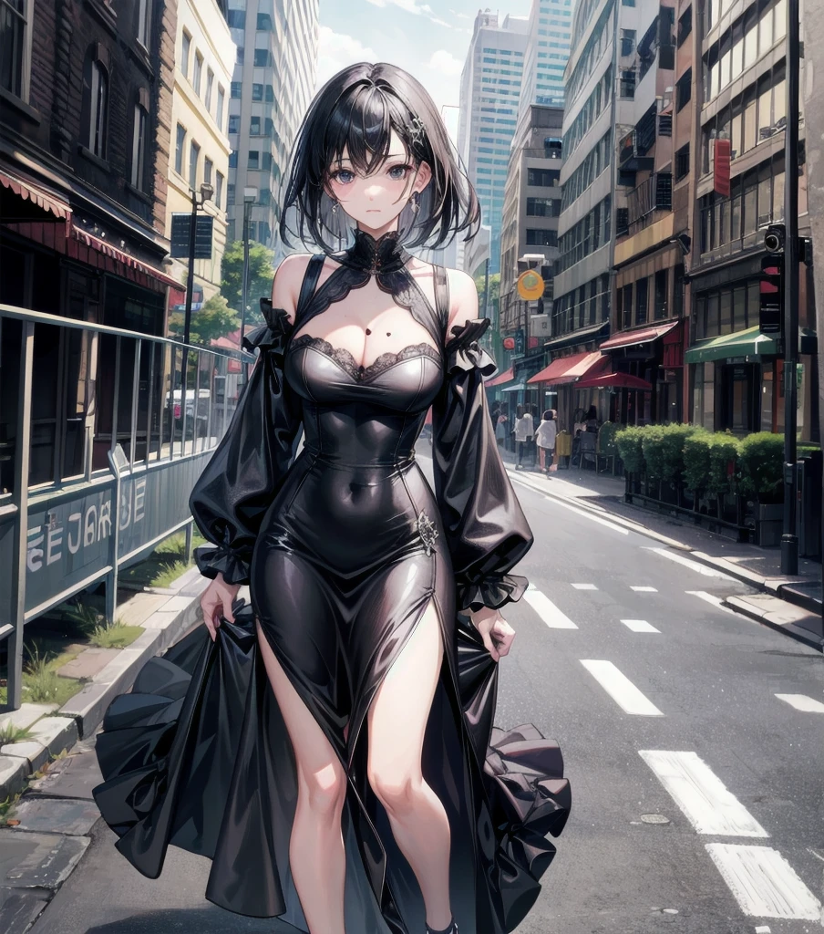 full body, photorealistic, solo, alone, delicate facial features, medium tits, medium hair, black hair, tearful mole, earring, dress, cleavage, street,