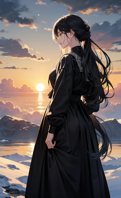 Realistic landscape、The sun is half hidden by the clouds、Cloudy winter sky、Clouds are torn apart、wood々is shaking、Back view、The woman's face is not visible、All black mourning clothes、lipstick、Long hair tied up、Long skirt