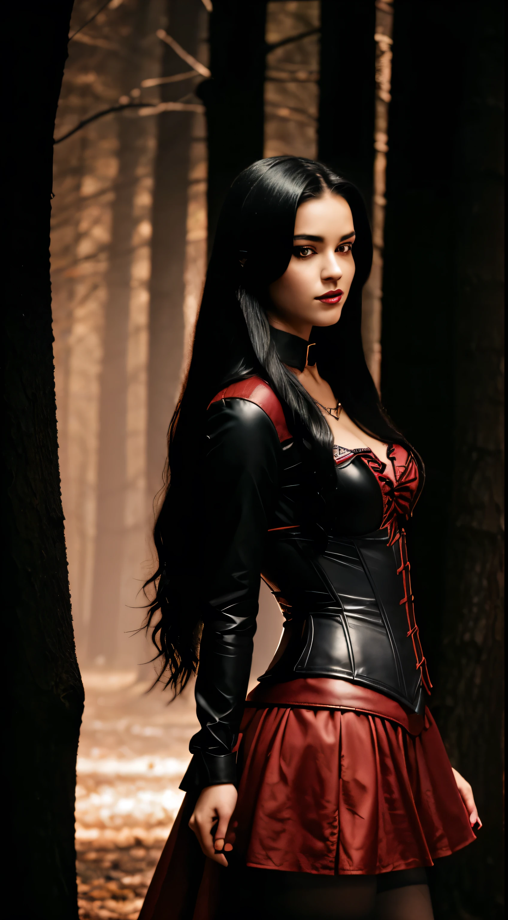A young girl in a red hood and black boots stands in a dark forest. She is wearing a black leather corset and fishnet stockings. His hair is long and black, and his eyes are dark and piercing. but his expression is one of danger and seduction.
Behind her, a large wolf stands on its hind legs. , and his eyes are glowing red. His teeth are showing, and his tongue is hanging out.
The image is dark and sensual. It suggests a dangerous and forbidden attraction between the two characters. cinematic, 4k, taken by kodak ultra, lens 105 mm, long exposure time 600 seconds, oscar winning photography