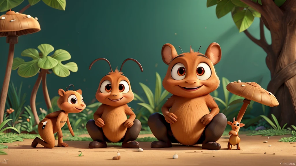 A Pixar animation style image of an ant. The ant should be anthropomorphic with large, expressive eyes, a cheerful smile, and a friendly demeanor. It should have a shiny, black body with detailed, segmented legs and antennae. The background should be vibrant and colorful, resembling a lush garden with flowers, leaves, and tiny mushrooms. The scene should be bright and whimsical, with the ant possibly interacting with other small insects or exploring its environment.