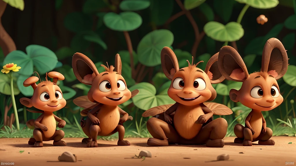  A Pixar animation style image of an ant. The ant should be anthropomorphic with large, expressive eyes, a cheerful smile, and a friendly demeanor. It should have a shiny, black body with detailed, segmented legs and antennae. The background should be vibrant and colorful, resembling a lush garden with flowers, leaves, and tiny mushrooms. The scene should be bright and whimsical, with the ant possibly interacting with other small insects or exploring its environment.