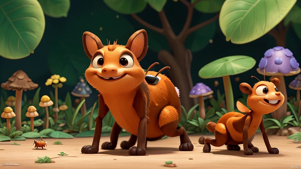 A Pixar animation style image of an ant. The ant should be anthropomorphic with large, expressive eyes, a cheerful smile, and a friendly demeanor. It should have a shiny, black body with detailed, segmented legs and antennae. The background should be vibrant and colorful, resembling a lush garden with flowers, leaves, and tiny mushrooms. The scene should be bright and whimsical, with the ant possibly interacting with other small insects or exploring its environment.