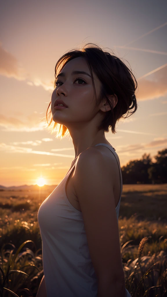 Best quality, masterpiece, ultra high res, photorealistic,raw photo, unity 8k wallpaper, panorama, cinematic lighting, on grass, sunset, dappled sunlight, golden hour lighting, backlighting, blurry background, (lens flare), wind, pastel colors, soft light, 1girl, floating short hair, sad, upper body,