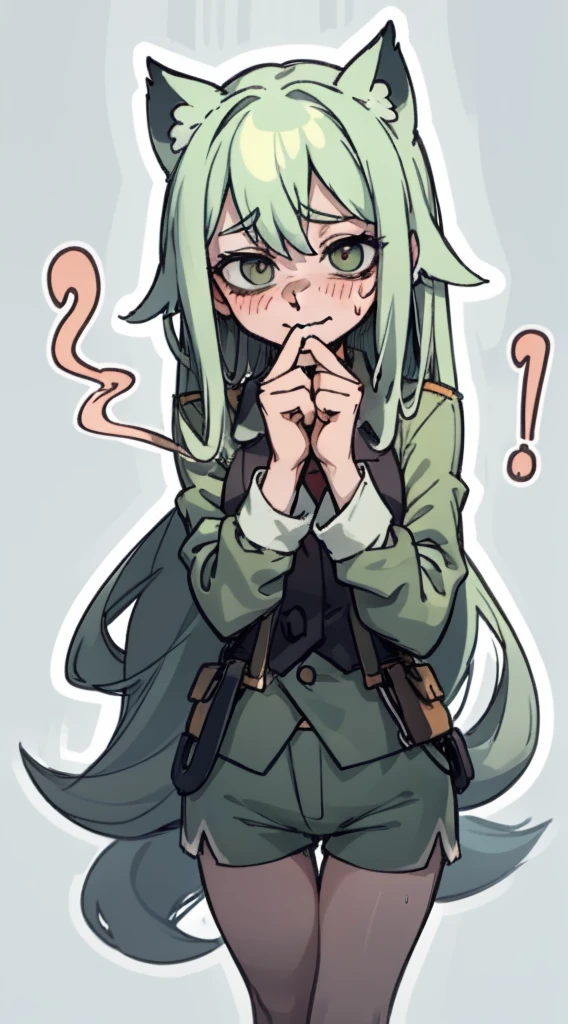 Shy, scared, baggy eyes, light green background, change , very long hair  ,detailed hands ,light green hair color, blushing, SWEAT, drops , flushed ,drooping fox ears,  , very short shorts , shorts , extremely blushing , whole body ,white long sleeves, dark blue uniform , exhales smoke through the mouth , big hips, sexy body , her hands holding her butt , focus ass , Look at the camera, fearful smile