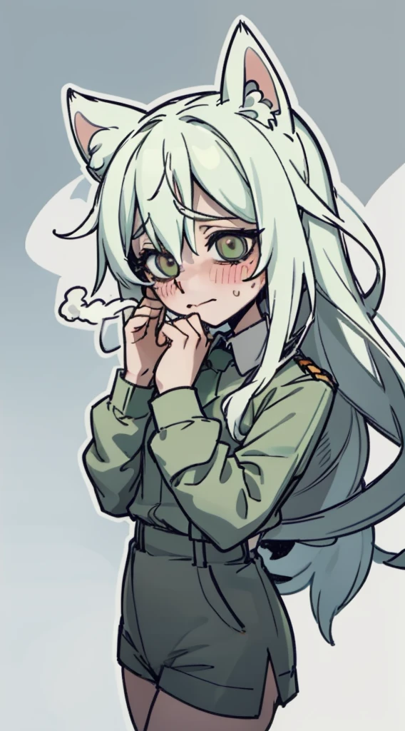 Shy, scared, baggy eyes, light green background, change , very long hair  ,detailed hands ,light green hair color, blushing, SWEAT, drops , flushed ,drooping fox ears,  , very short shorts , shorts , extremely blushing , whole body ,white long sleeves, dark blue uniform , exhales smoke through the mouth , big hips, sexy body , her hands holding her butt , focus ass , Look at the camera, fearful smile