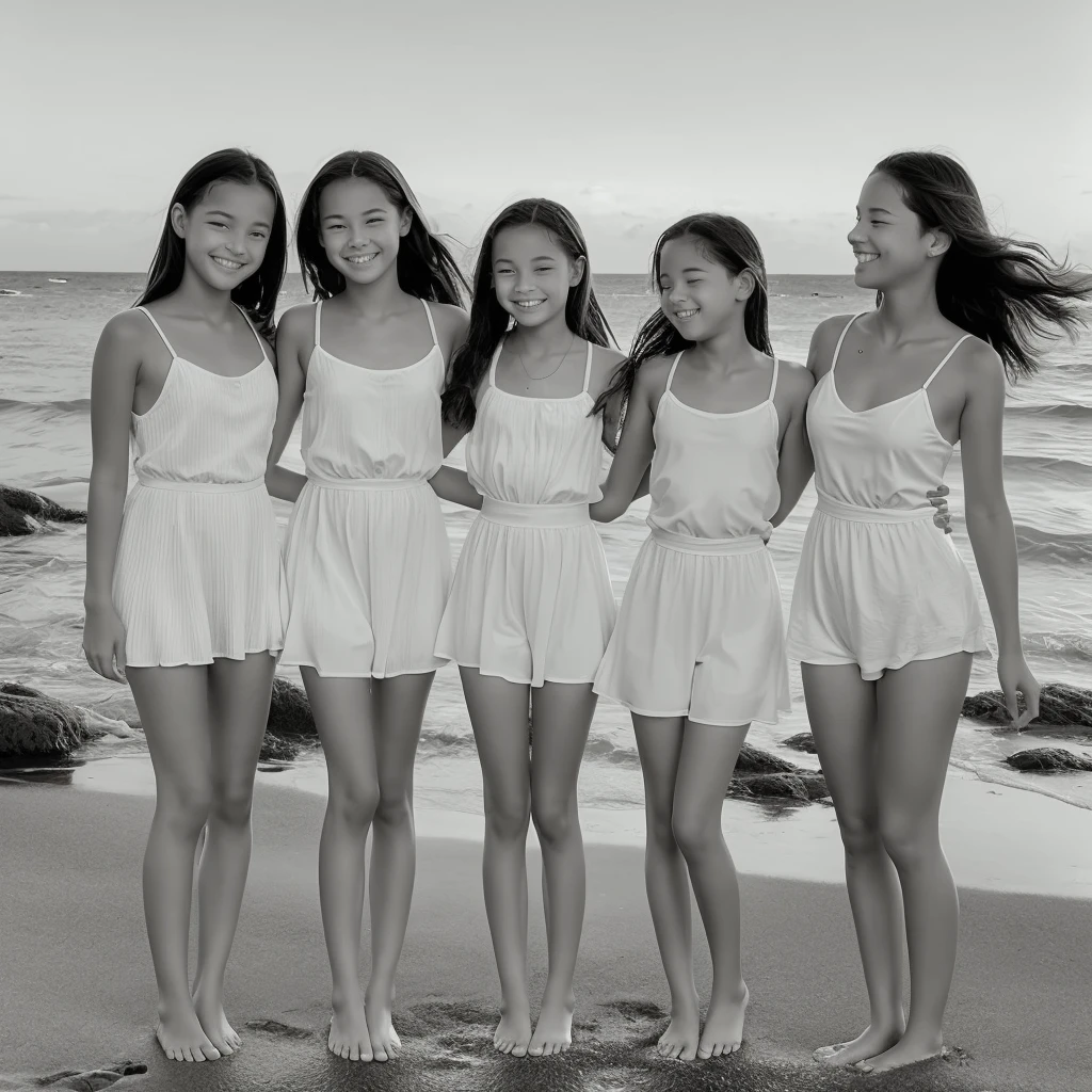 A nostalgic scene featuring (three girls) paddling in shallow ocean water. a girl of about , stands in the middle, holding hands with her two younger cousins. The girls stand still, smiling through their hair as it gently blows in the breeze. The setting is a sunny day with a clear sky and sparkling water. The background includes a sandy shore with a few scattered shells and gentle waves lapping at their feet. The girls are dressed in light, summery clothes suitable for paddling in the water, (black and white), (monochrome), high contrasts , (3 girls)