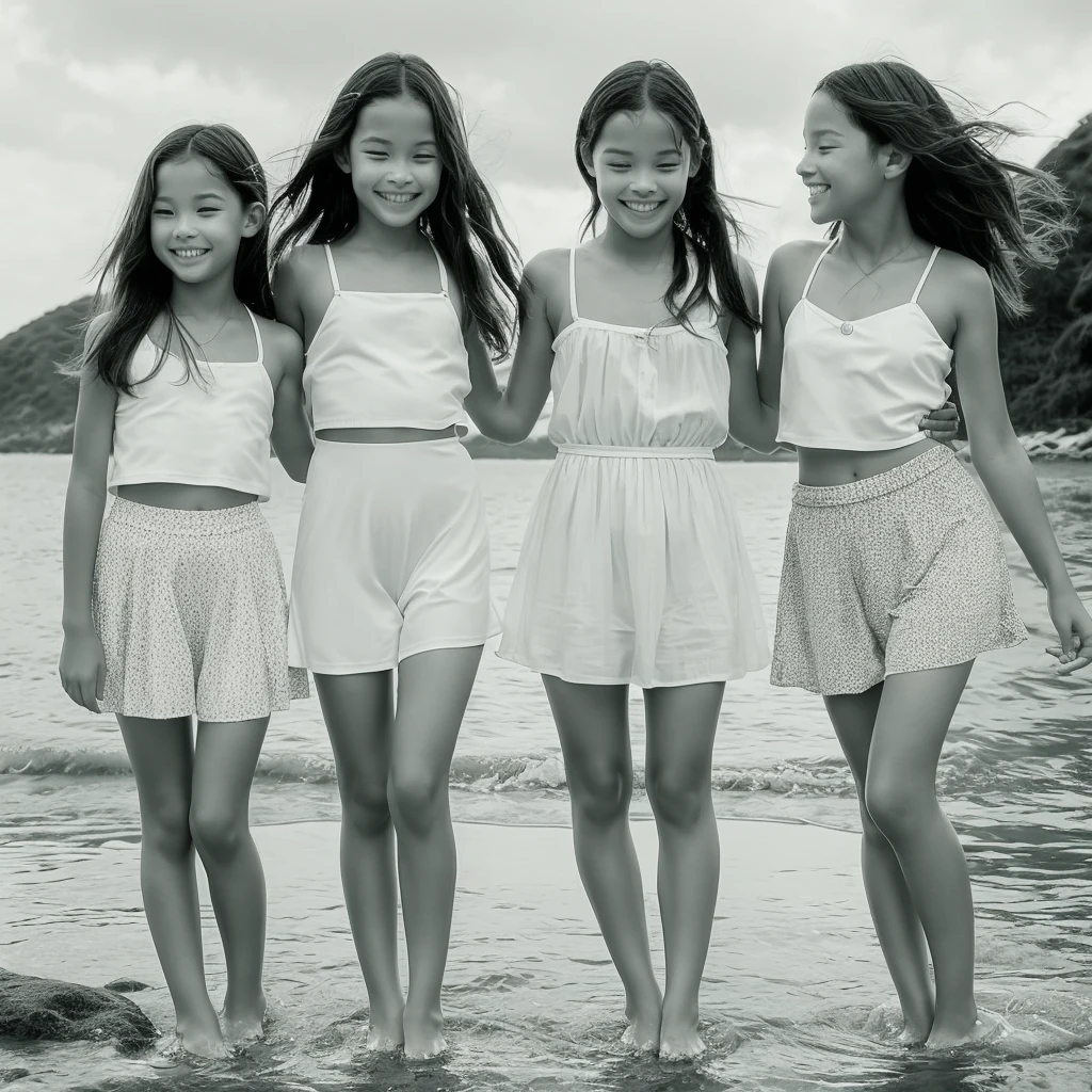 A nostalgic scene featuring (three girls) paddling in shallow ocean water. a girl of about twelve years old, stands in the middle, holding hands with her two younger cousins. The girls stand still, smiling through their hair as it gently blows in the breeze. The setting is a sunny day with a clear sky and sparkling water. The background includes a sandy shore with a few scattered shells and gentle waves lapping at their feet. The girls are dressed in light, summery clothes suitable for paddling in the water, (black and white), (monochrome), high contrasts , (3 girls)