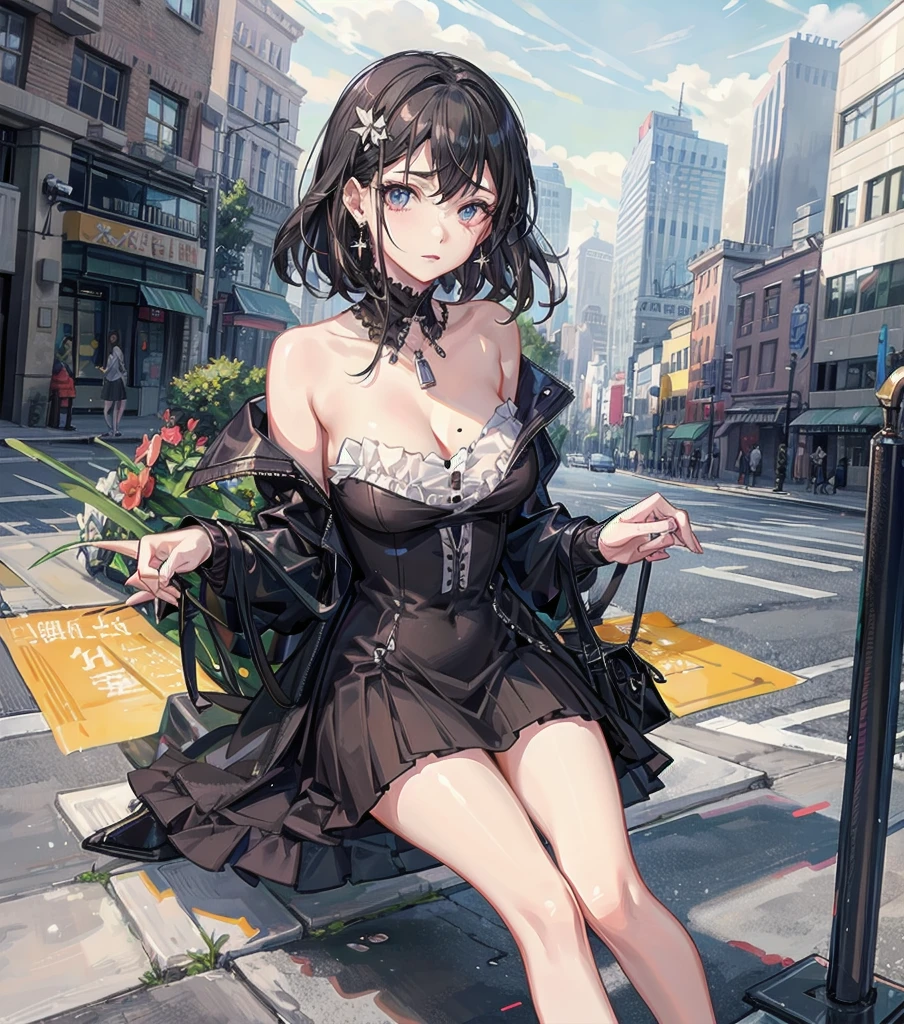 full body, photorealistic, solo, alone, delicate facial features, medium tits, medium hair, black hair, tearful mole, earring, dress, cleavage, street,