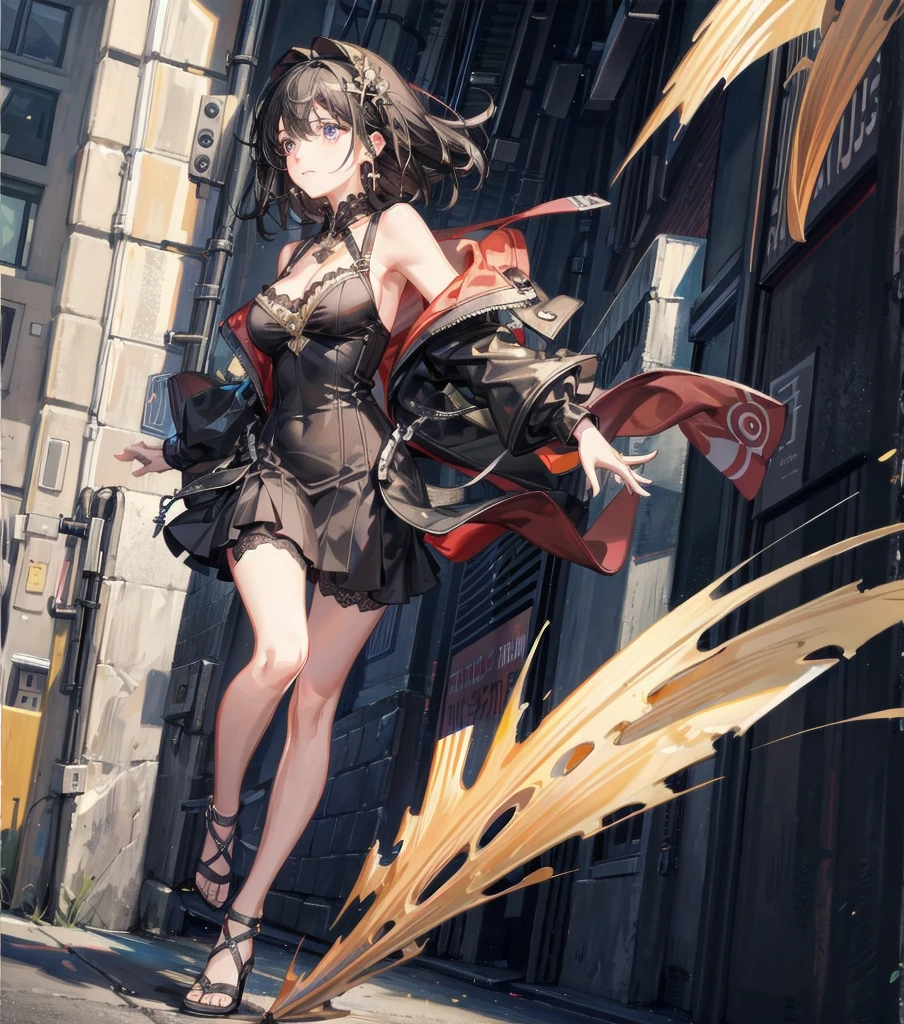full body, photorealistic, solo, alone, delicate facial features, medium tits, medium hair, black hair, tearful mole, earring, dress, cleavage, street,