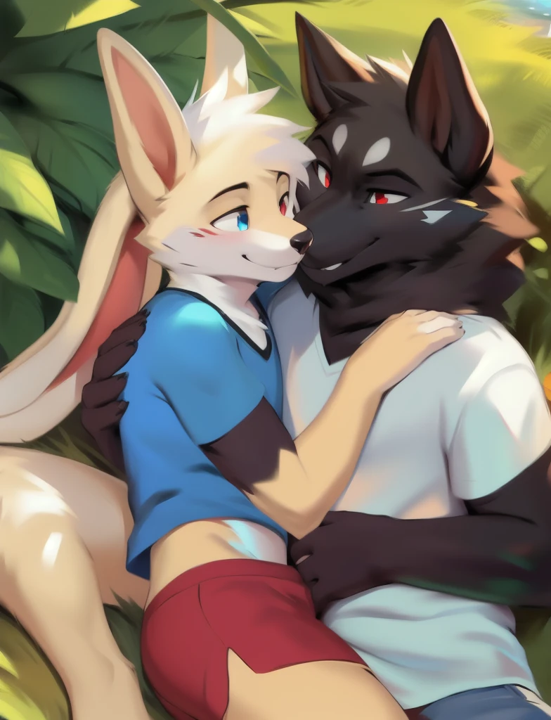 White rabbit with blue eyes wearing blue tshirt and khaki shorts cuddling with black wolf with red eyes wearing white tshirt and jeans, detailed, detailed background, by zackary911, by chunie, duo, love