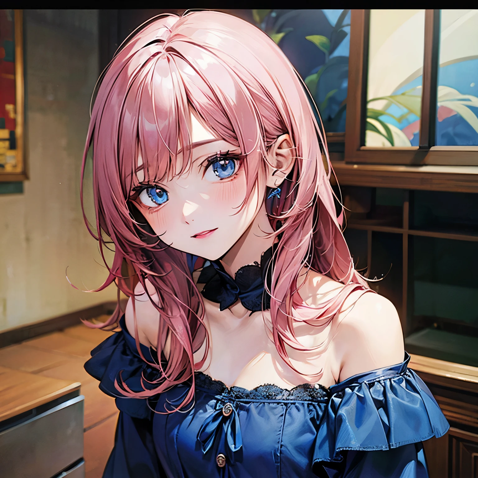 ((best quality)), ((masterpiece)), (detailed), perfect face. Asian girl. Pink hair. Blue eyes. Off shoulder. Small breast.