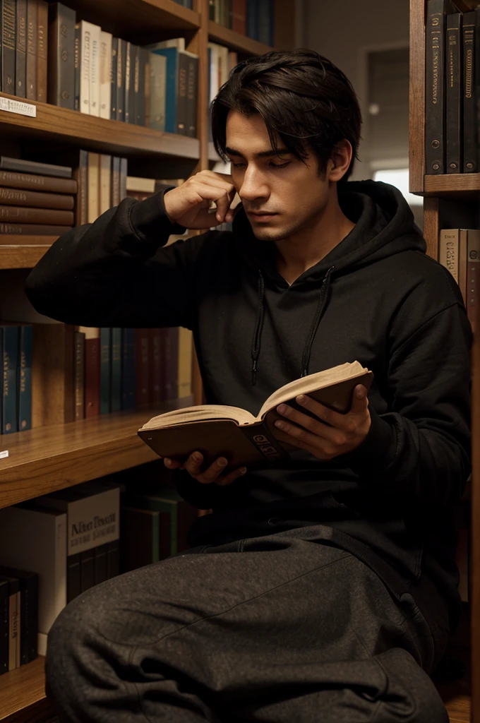 A man wearing a black Hoodie in the library looking for a history book. 3D Animation.