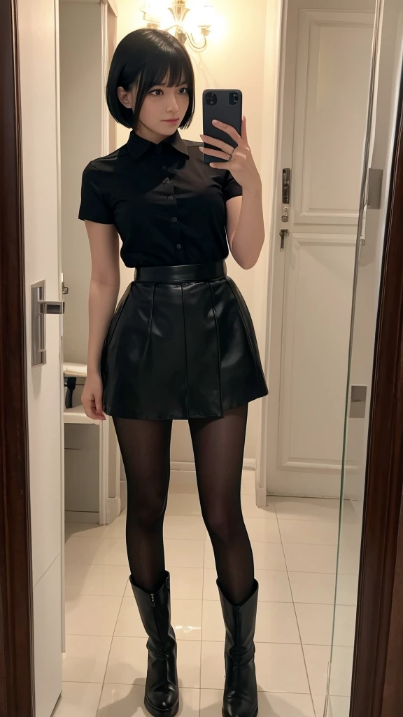 Selfie,from the front,Black Hair,short hair,shirt,skirt,Pantyhose,Black boots,Bathroom,Wet day,Ultra HD,masterpiece,super high quality,Ultra-high resolution,Highest quality,Advanced,Highest quality,Highest Resolution,high quality,beautiful,beautiful,High quality,Realな質感,Real,8K,Detailed,