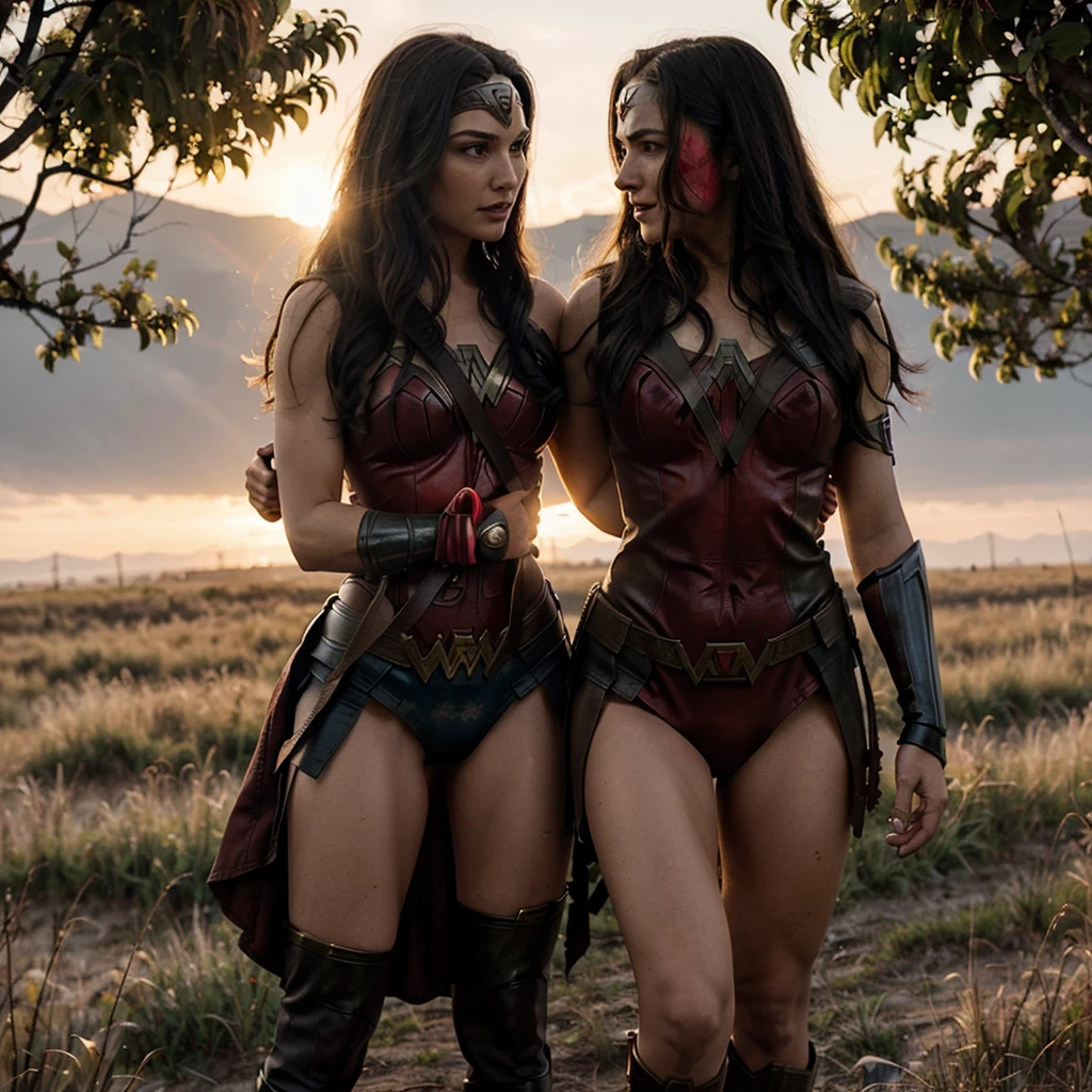An image of Wonder Woman, known as Diana Prince, hugging Deadpool with love and admiration, both in full body. They are standing in an open field during a sunset, with the sun setting on the horizon and creating a warm, golden atmosphere. Wonder Woman is dressed in her classic costume that highlights her beauty and strength, while Deadpool wears his signature red and black suit. Diana's expression is tender and affectionate, while Deadpool shows a mix of surprise and joy. The natural surroundings and evening light enhance the scene, creating a touching moment between these two iconic superheroes.