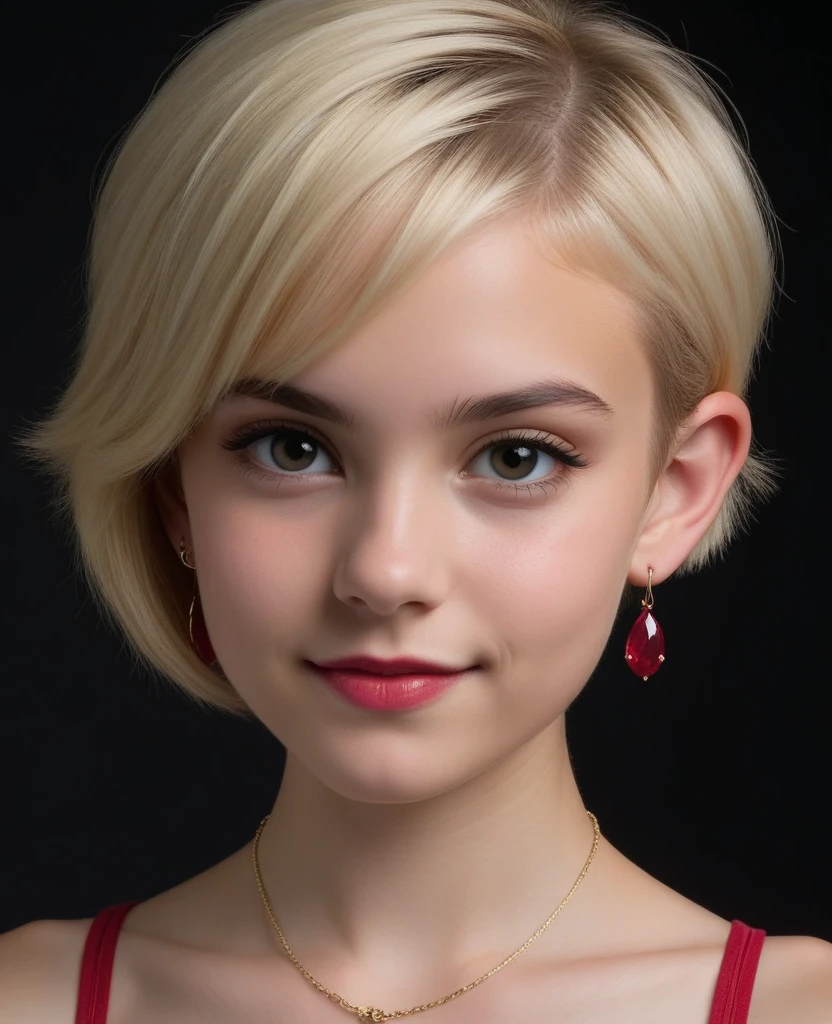 An extremely tiny, thin, petitie, extremely young-looking, age female, with an extremely stacked body, extremely huge breasts, pixie-cut blonde hair, Braces, 12 ayears large hoop earrings, necklace with ruby pendant, completely naked, pitch black background