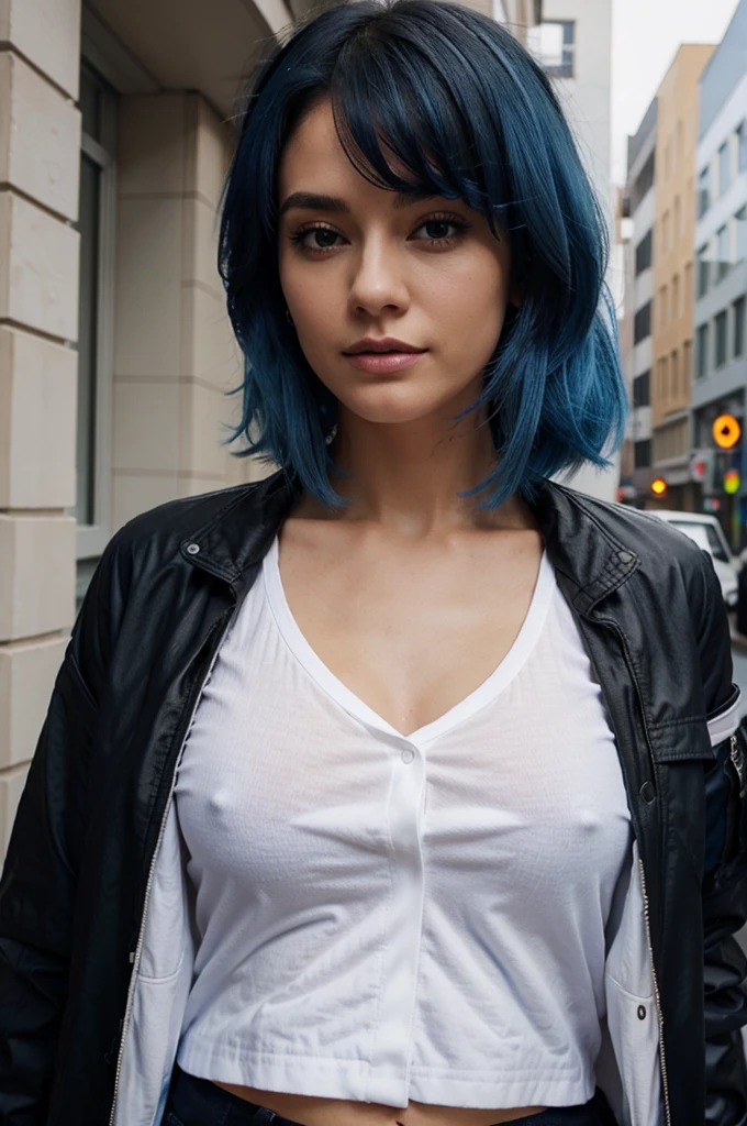 Blue hair, white shirt, black jacket