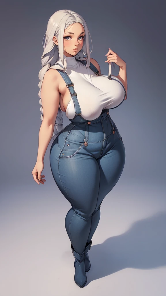 ((blank background)), masterpiece, best quality, silver hair, (curvy:1.7), (massive breast:1.5), ((full body framing)), (long legs:1.6), symmetry, farmer woman, (blue overalls), long boots, belt below navel, lumberjack shirt, (braided hair)