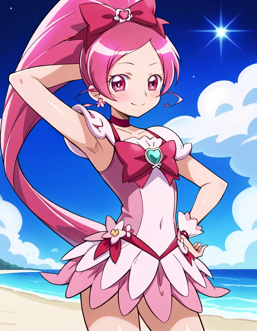 cureblossom, shiny skin, high quality, solo, 1girl, night sky, beach, arm behind head, hand on hip, sexy, (contrapposto), closed mouth, spread armpits, cowboy shot, looking at viewer, smile, best quality, blushing,