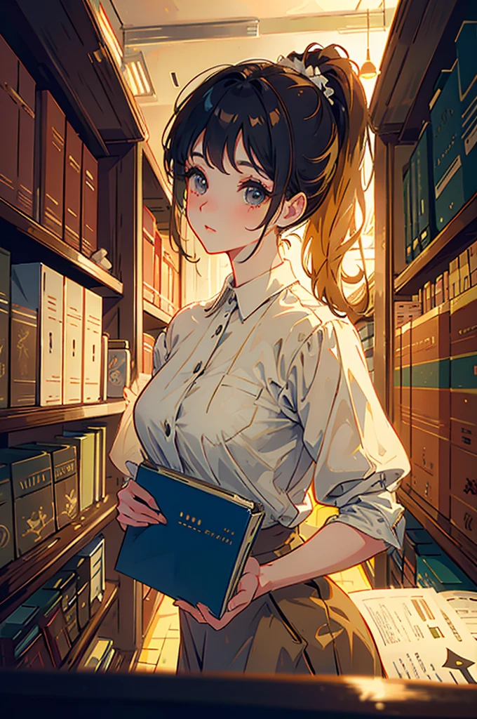 Beautiful girl with two colored beige ponytails, soft expression, vintage/library background/workplace, lighting, detailed, beautiful