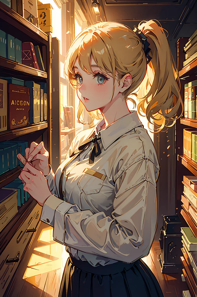 Beautiful girl with two colored beige ponytails, soft expression, vintage/library background/workplace, lighting, detailed, beautiful