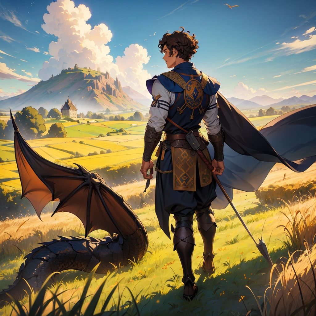 back view short curly brown hair man with medieval outfit walking in the wheatfield and a dragon flying from the distance