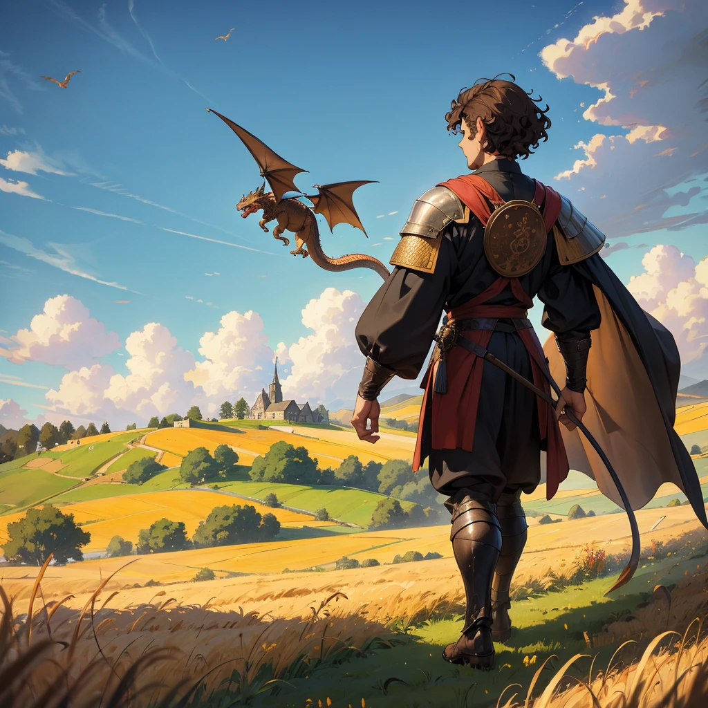 back view short curly brown hair man with medieval outfit walking in the wheatfield and a dragon flying from the distance