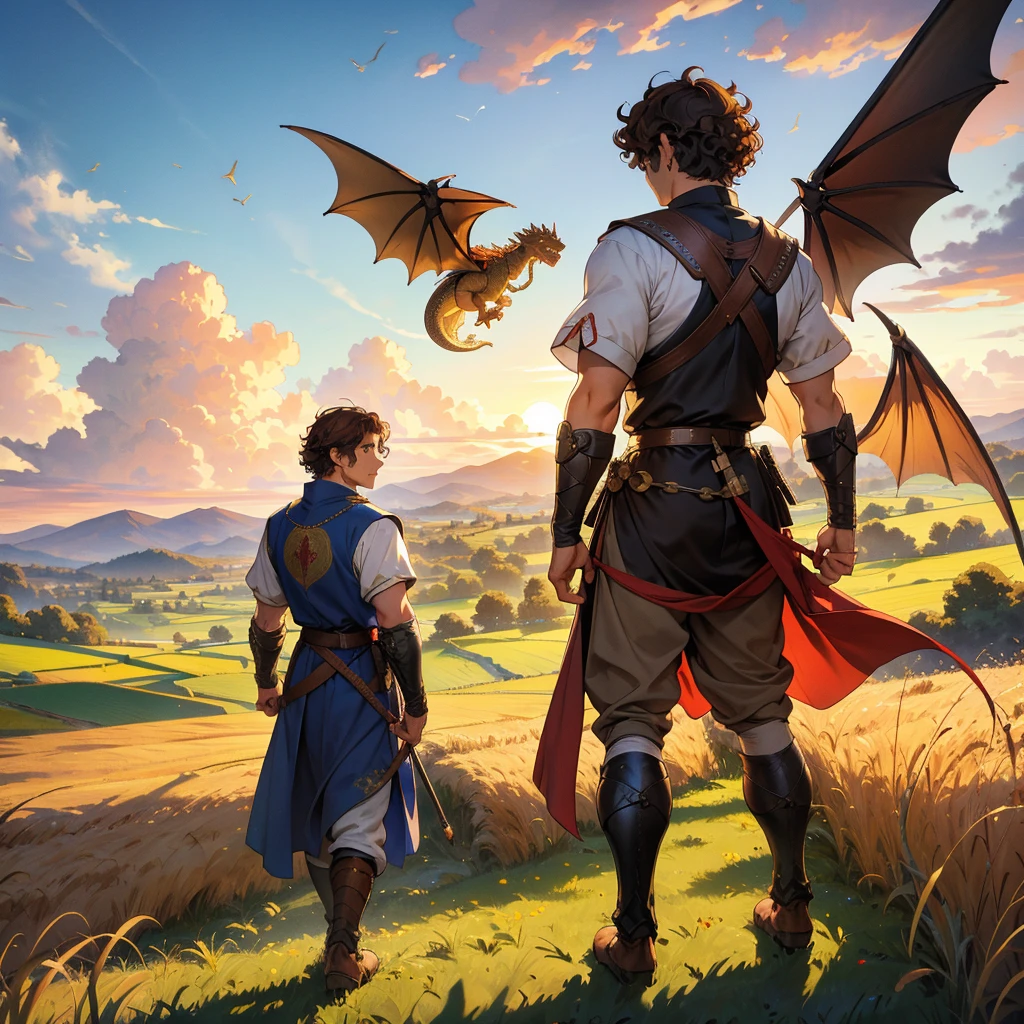 back view short curly brown hair man with medieval outfit walking in the wheatfield and a dragon flying from the distance