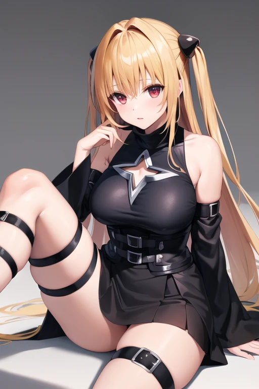masterpiece, best quality, highres, aayami, very long hair, two side up, hair ornament, bare shoulders, black dress, clothing cutout, large breasts, detached sleeves, belt, thick legs, thigh strap, sitting, knees up, cowboy shot,